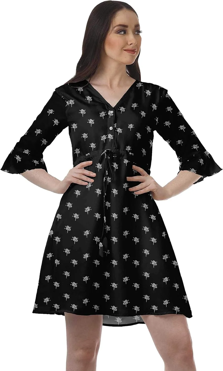 Women Printed Drawstring Mini Dress V Neck Ruffle Sleeves Summer Dress