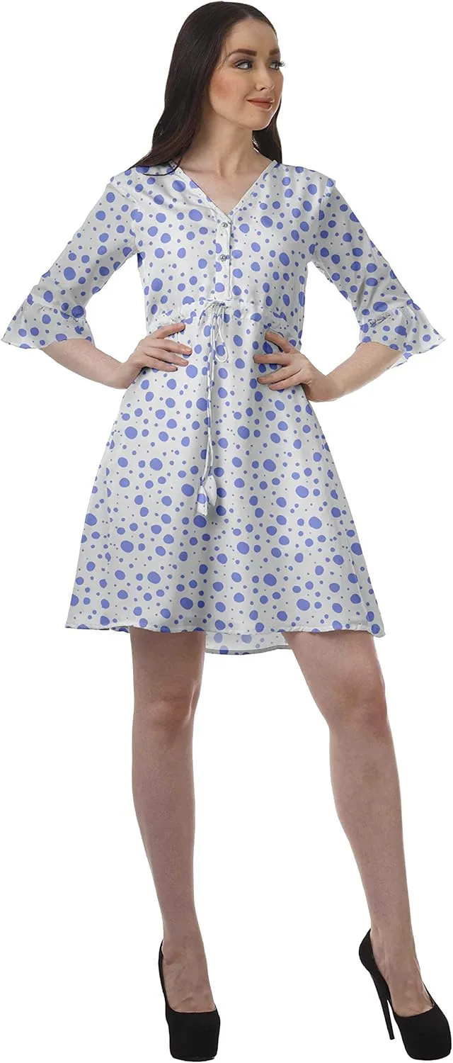Women Printed Drawstring Mini Dress V Neck Ruffle Sleeves Summer Dress