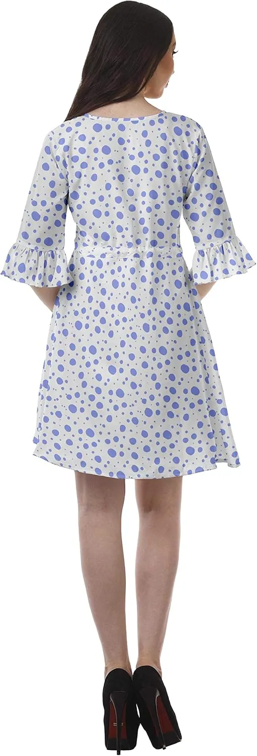 Women Printed Drawstring Mini Dress V Neck Ruffle Sleeves Summer Dress