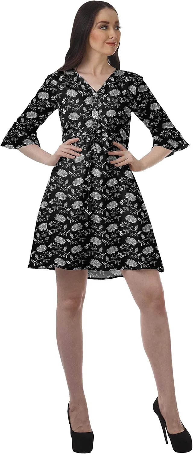 Women Printed Drawstring Mini Dress V Neck Ruffle Sleeves Summer Dress