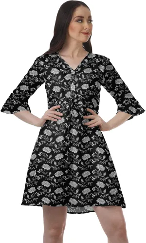Women Printed Drawstring Mini Dress V Neck Ruffle Sleeves Summer Dress