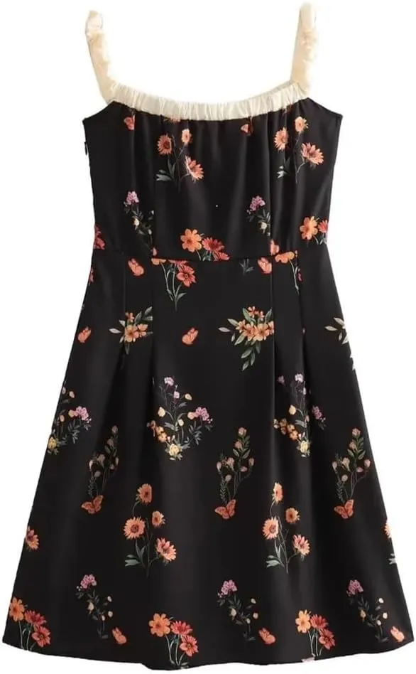 Women Printed Floral Mini Dress Spliced French Vintage Dresses Pleated Elegant Sleeveless