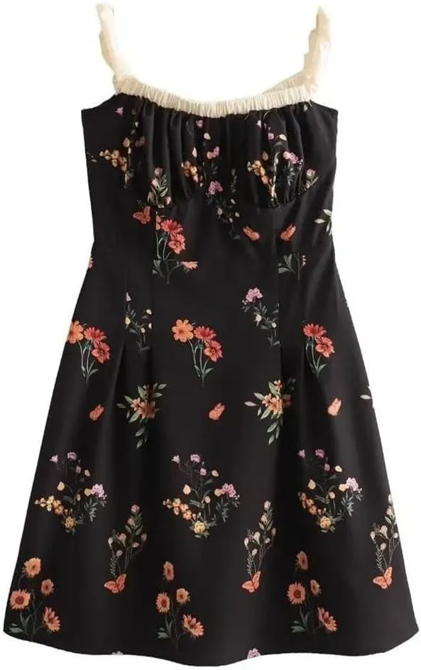 Women Printed Floral Mini Dress Spliced French Vintage Dresses Pleated Elegant Sleeveless