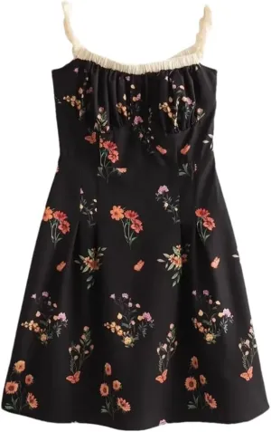 Women Printed Floral Mini Dress Spliced French Vintage Dresses Pleated Elegant Sleeveless