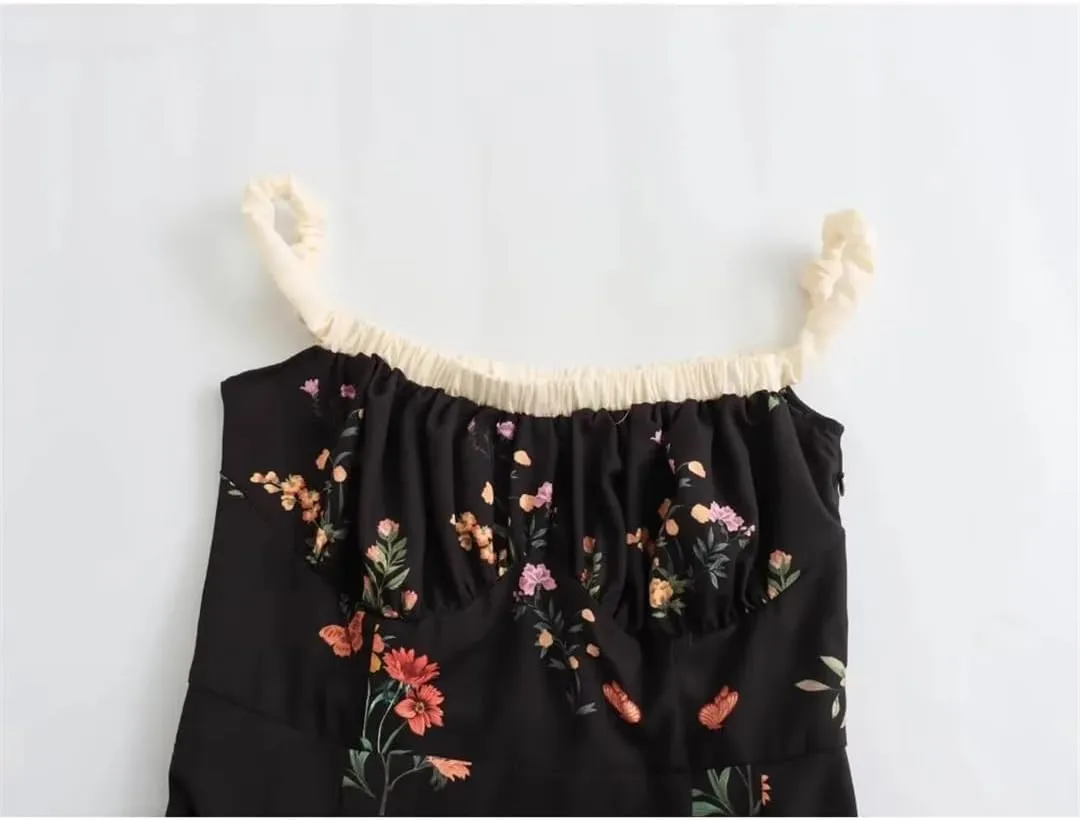 Women Printed Floral Mini Dress Spliced French Vintage Dresses Pleated Elegant Sleeveless