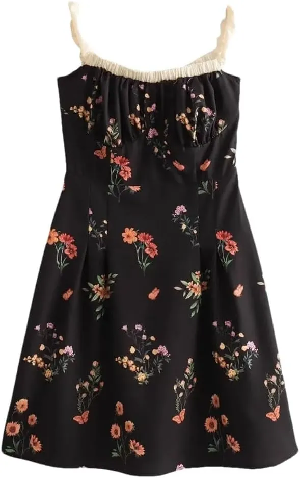 Women Printed Floral Mini Dress Spliced French Vintage Dresses Pleated Elegant Sleeveless