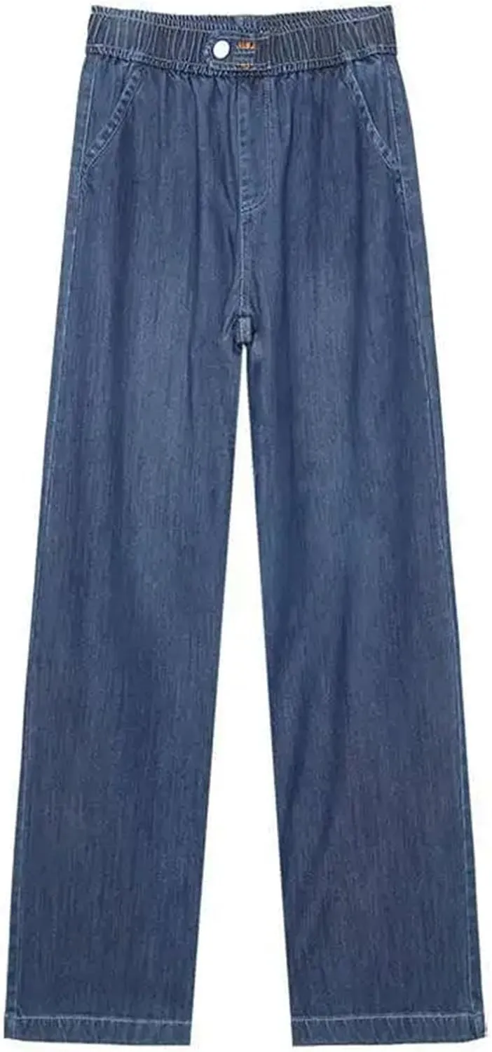 Women Solid Color Pockets Denim Elastic High Waist Pants Clothing Loose Casual Trousers
