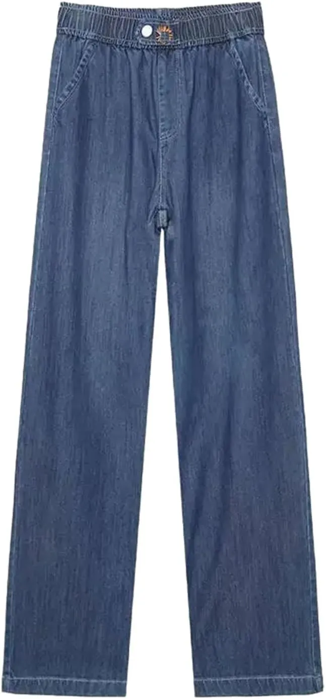 Women Solid Color Pockets Denim Elastic High Waist Pants Clothing Loose Casual Trousers