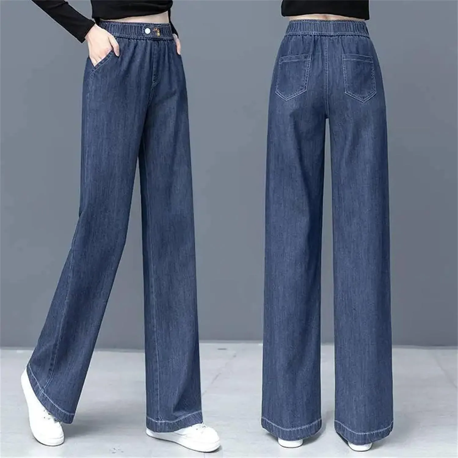 Women Solid Color Pockets Denim Elastic High Waist Pants Clothing Loose Casual Trousers