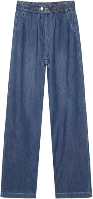 Women Solid Color Pockets Denim Elastic High Waist Pants Clothing Loose Casual Trousers