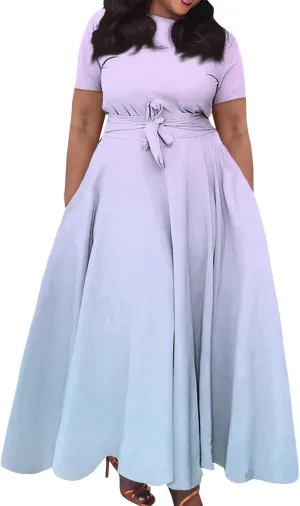 Women Spring 2025 High Waist Short Sleeve Casual Round Neck Gradient Drawstring Swing Big Hem Maxi Dresses, XL-5XL