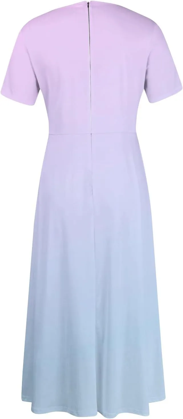 Women Spring 2025 High Waist Short Sleeve Casual Round Neck Gradient Drawstring Swing Big Hem Maxi Dresses, XL-5XL