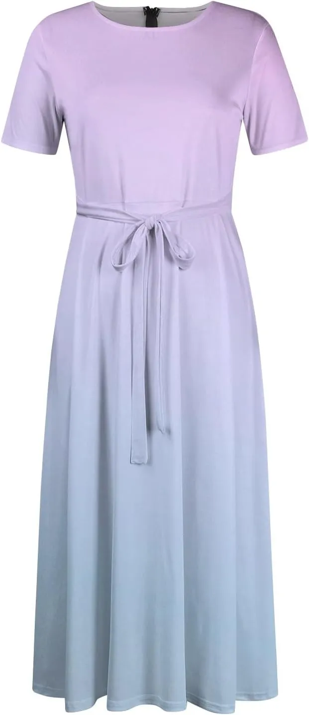 Women Spring 2025 High Waist Short Sleeve Casual Round Neck Gradient Drawstring Swing Big Hem Maxi Dresses, XL-5XL