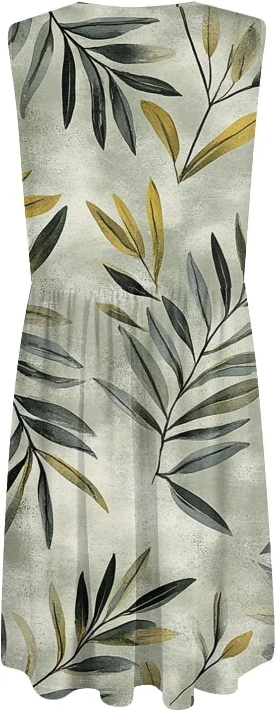Women Summer Dresses Sleeveless Casual Loose Swing Button Down Midi Dress with Pockets Wedding Guest Dress