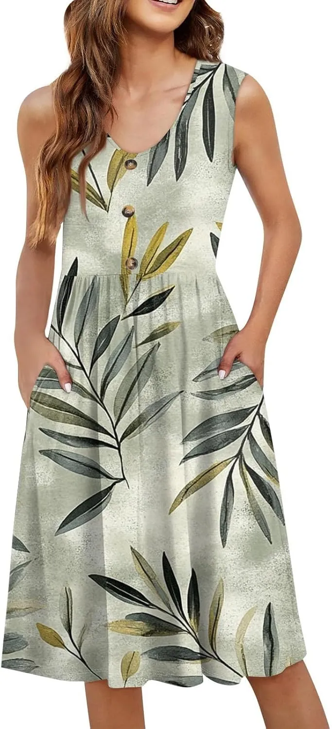 Women Summer Dresses Sleeveless Casual Loose Swing Button Down Midi Dress with Pockets Wedding Guest Dress