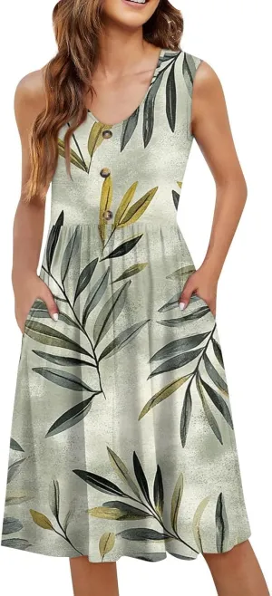 Women Summer Dresses Sleeveless Casual Loose Swing Button Down Midi Dress with Pockets Wedding Guest Dress