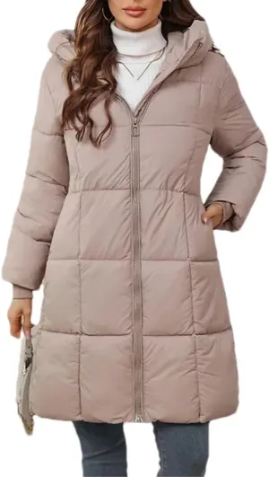Women Thick Pockets Long Parka Coat Vintage Hooded Stripes Solid Cotton-Padded Jacket