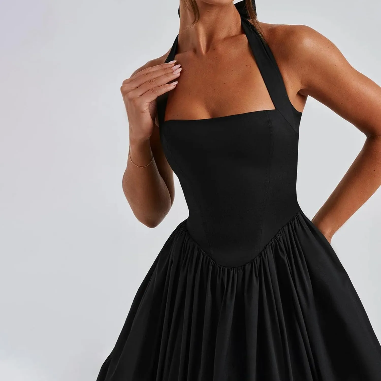 Women Tie-up Halter Neck Elegant Dress Sleeveless Open Back Solid Color Tank Dresses Slim Fit A-line Tutu Dress