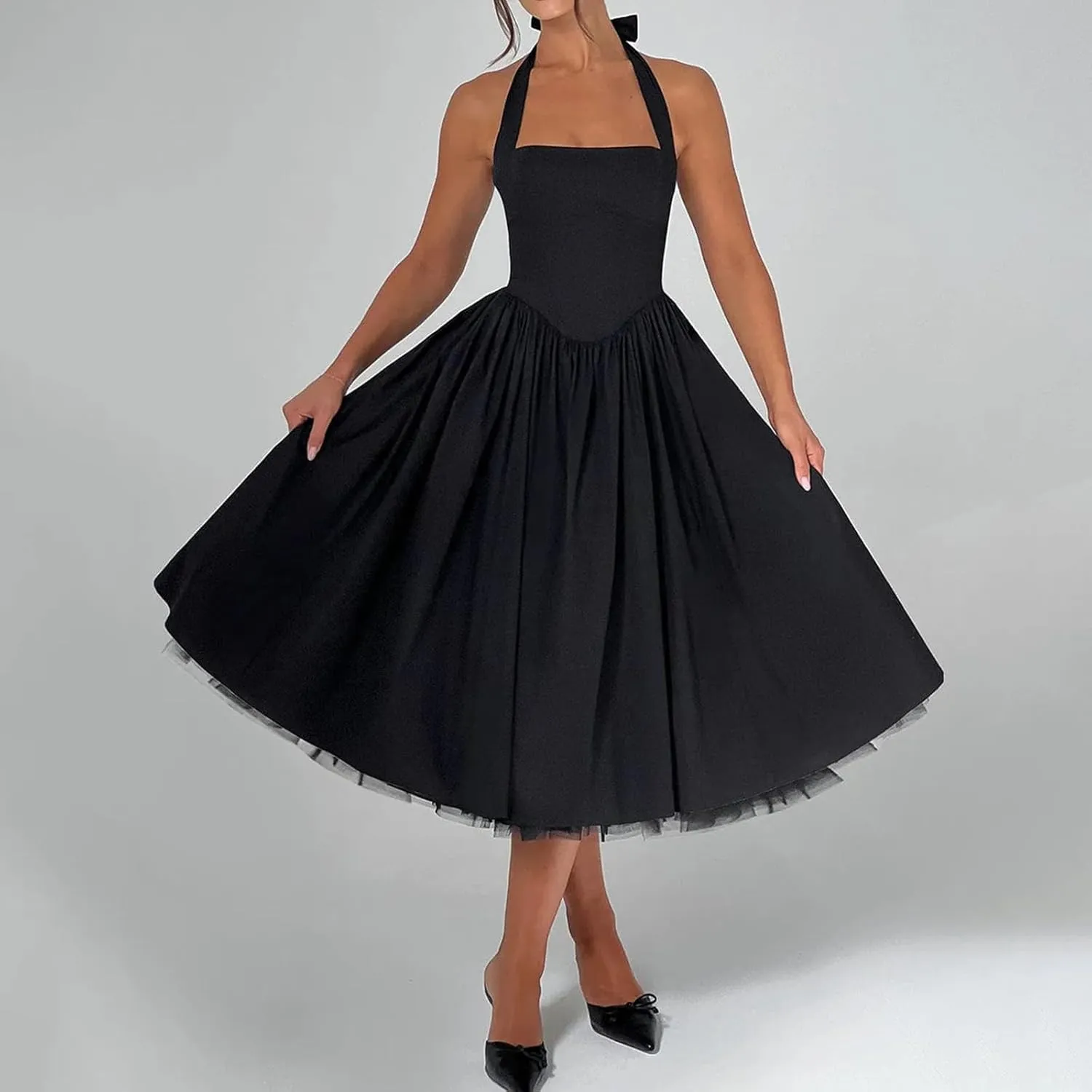 Women Tie-up Halter Neck Elegant Dress Sleeveless Open Back Solid Color Tank Dresses Slim Fit A-line Tutu Dress