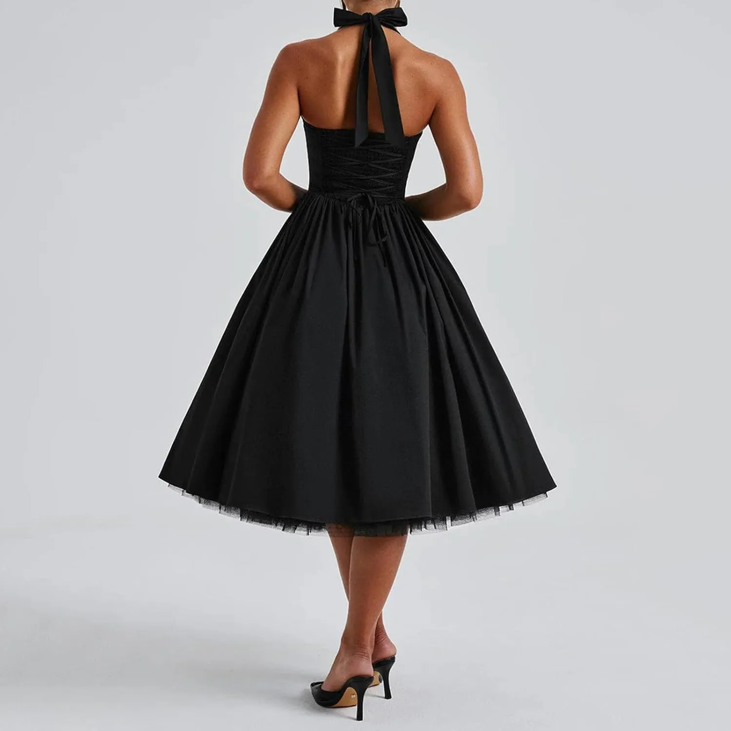 Women Tie-up Halter Neck Elegant Dress Sleeveless Open Back Solid Color Tank Dresses Slim Fit A-line Tutu Dress