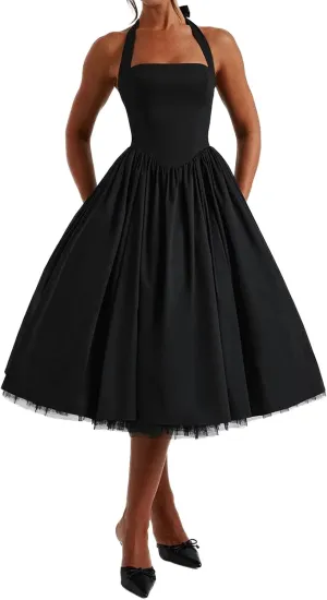 Women Tie-up Halter Neck Elegant Dress Sleeveless Open Back Solid Color Tank Dresses Slim Fit A-line Tutu Dress