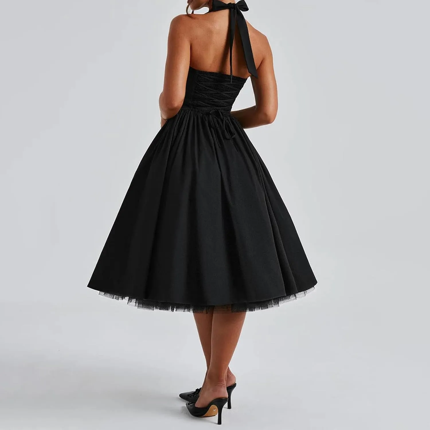 Women Tie-up Halter Neck Elegant Dress Sleeveless Open Back Solid Color Tank Dresses Slim Fit A-line Tutu Dress