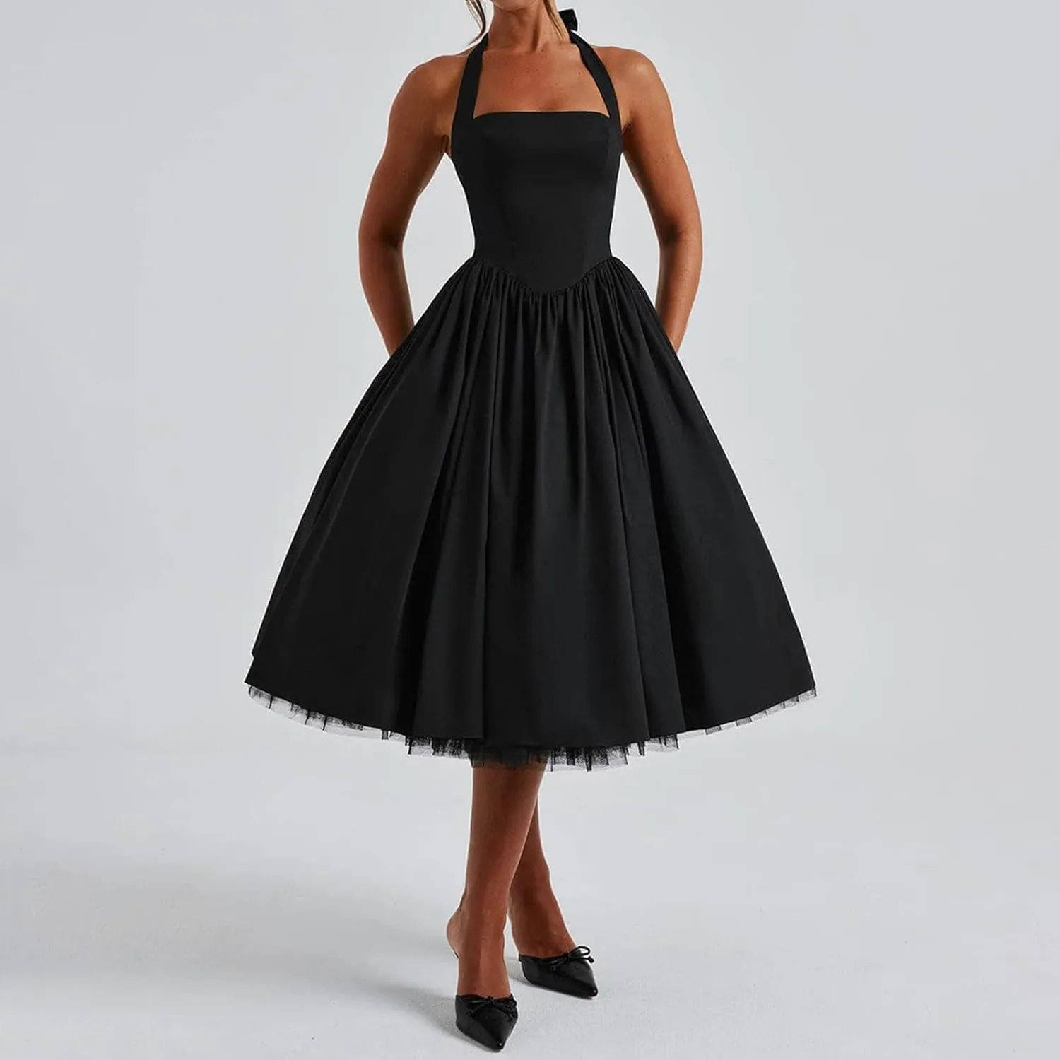 Women Tie-up Halter Neck Elegant Dress Sleeveless Open Back Solid Color Tank Dresses Slim Fit A-line Tutu Dress