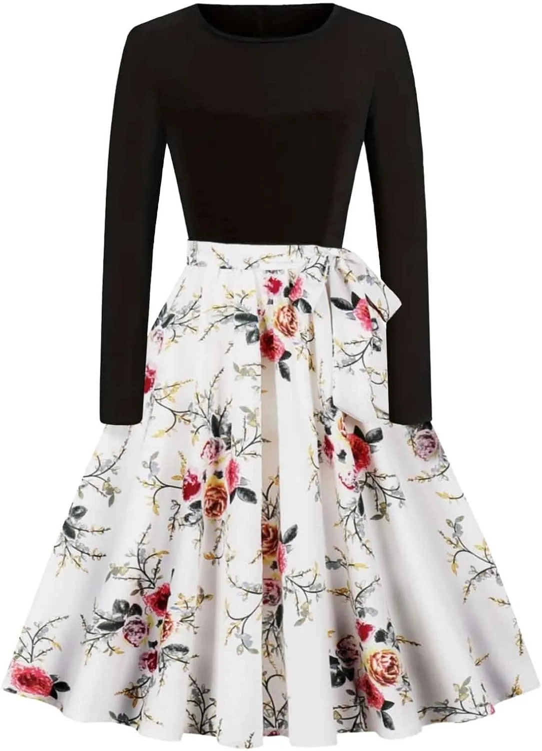 Women Vintage Polka Dot 1950s Audrey Retro Rockabilly Prom Dress Causal Long Sleeve Ruffle Club Party Cocktail Dress