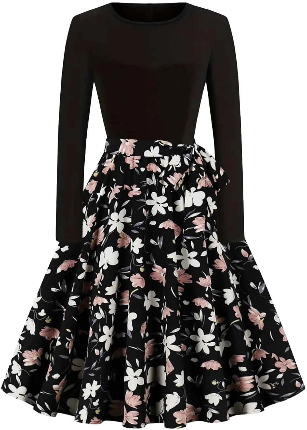 Women Vintage Polka Dot 1950s Audrey Retro Rockabilly Prom Dress Causal Long Sleeve Ruffle Club Party Cocktail Dress