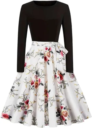 Women Vintage Polka Dot 1950s Audrey Retro Rockabilly Prom Dress Causal Long Sleeve Ruffle Club Party Cocktail Dress
