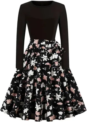 Women Vintage Polka Dot 1950s Audrey Retro Rockabilly Prom Dress Causal Long Sleeve Ruffle Club Party Cocktail Dress
