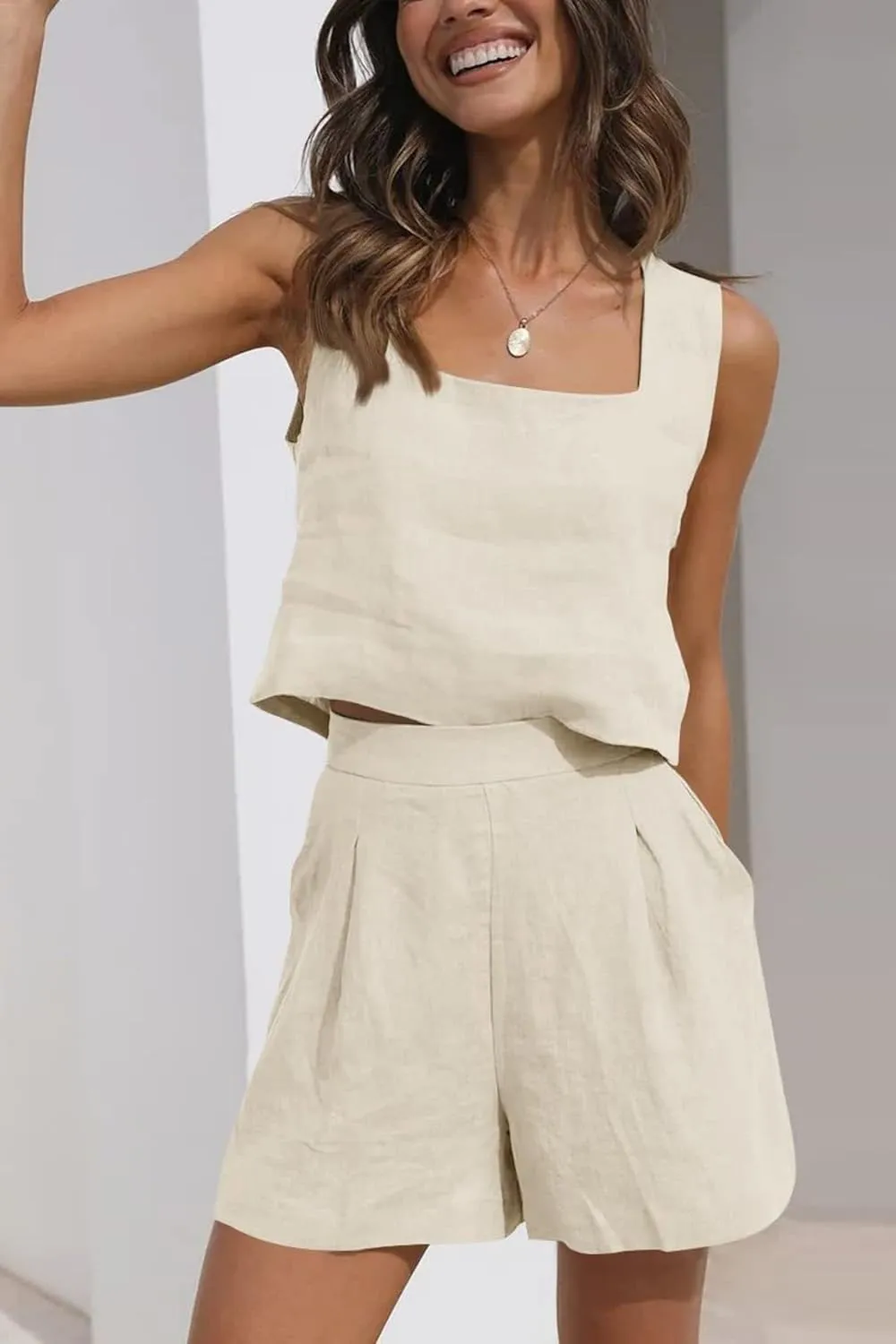 Women's 2 Piece Sets Linen Tank Cropped Tops Matching Lounge Shorts Sets for Women Summer Two Piece Outfits Pajamas