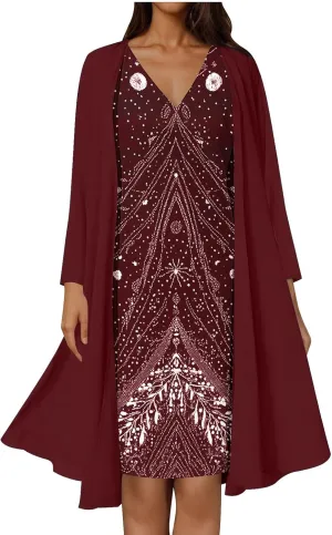 Womens 2 Piece Sets Mother of The Bride Dresses Wedding Guest Long Sleeve Chiffon Formal Evening Dress with Cardigan