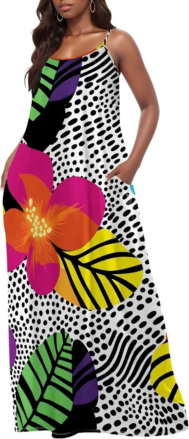 Womens 2025 Casual Sleeveless Spaghetti Strap Sundress Plus Size Loose Long Summer Boho Beach Maxi Dress with Pockets