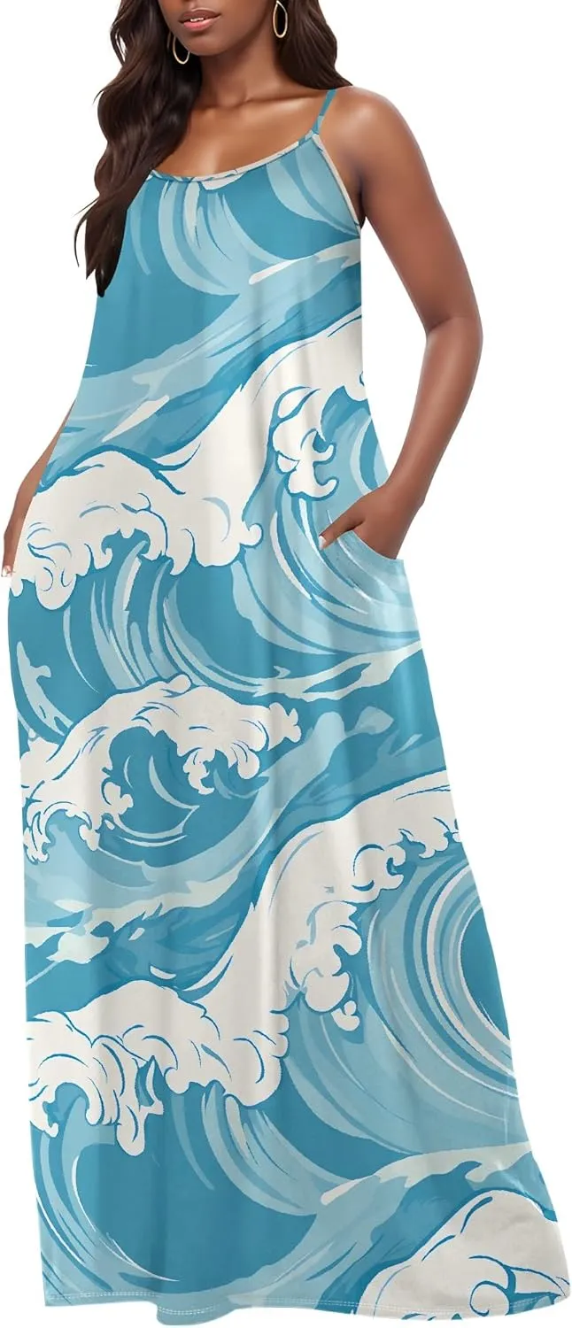 Womens 2025 Casual Sleeveless Spaghetti Strap Sundress Plus Size Loose Long Summer Boho Beach Maxi Dress with Pockets