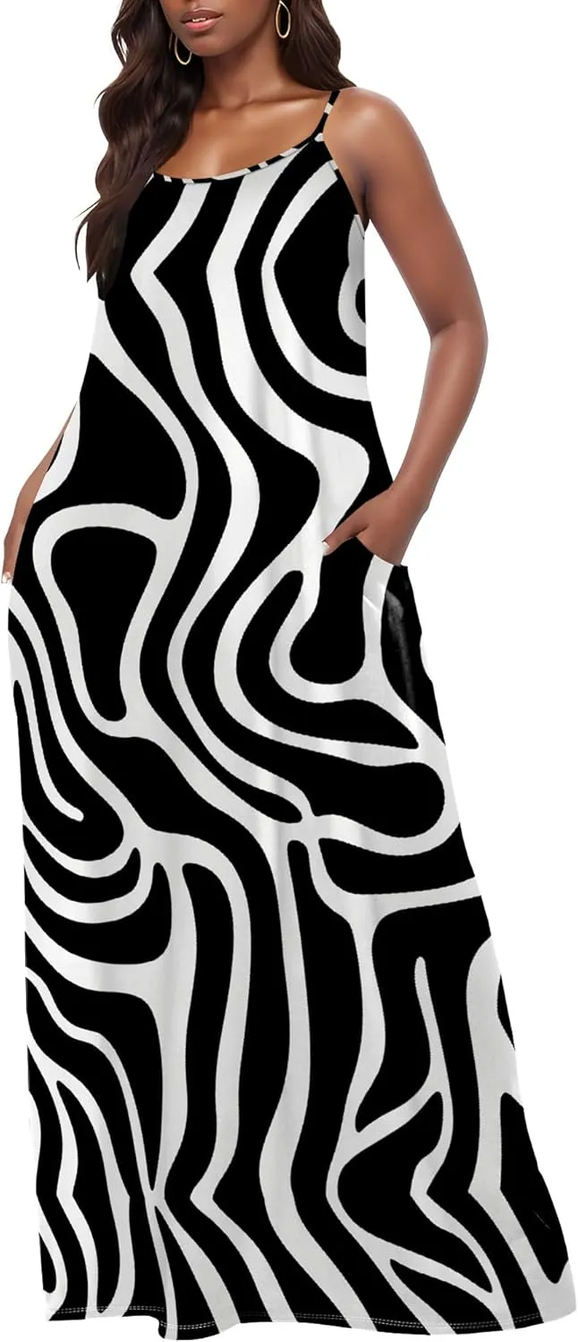Womens 2025 Casual Sleeveless Spaghetti Strap Sundress Plus Size Loose Long Summer Boho Beach Maxi Dress with Pockets