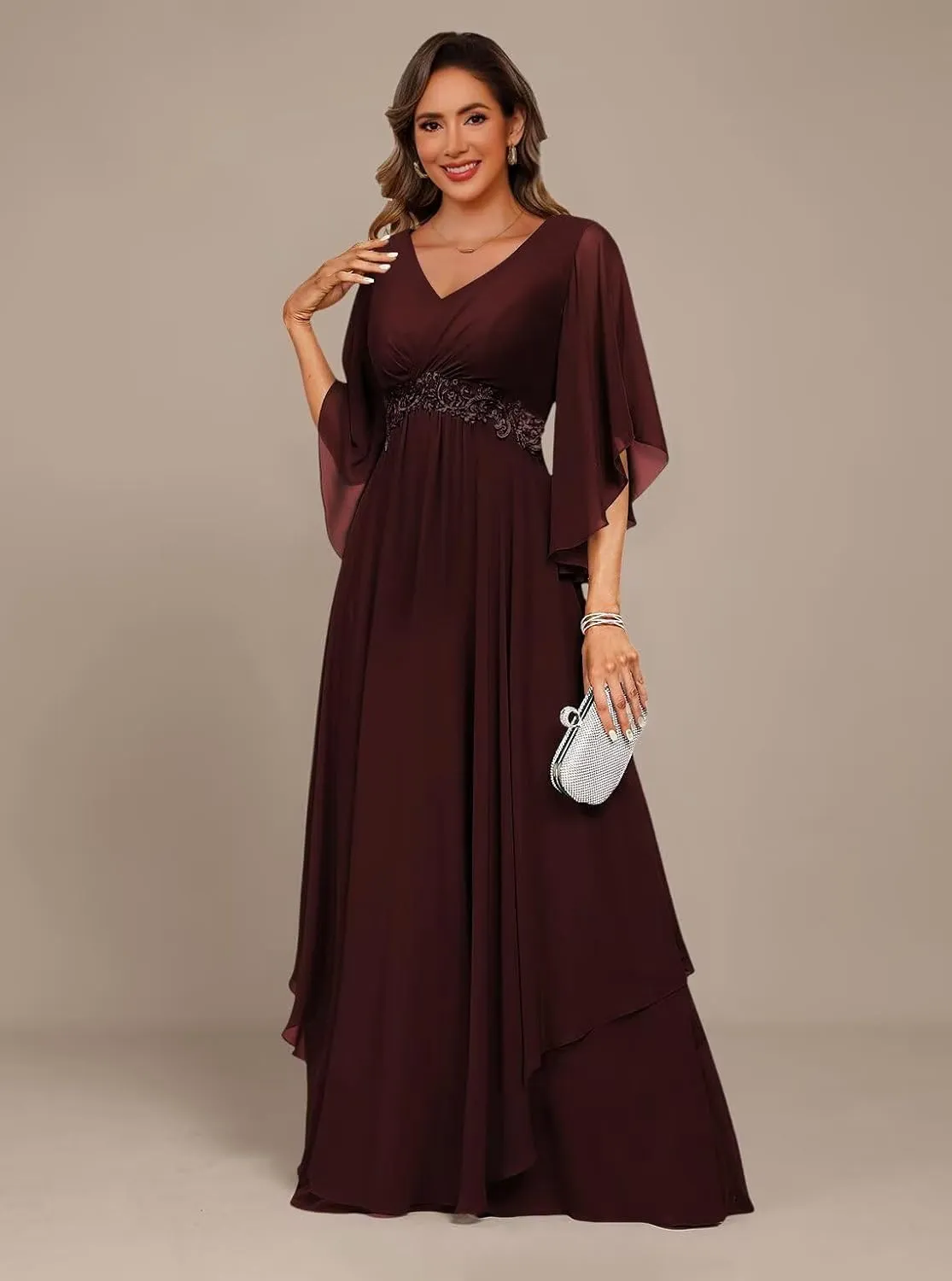 Women's 3/4 Sleeve Mother of The Bride Dresses 2025 Lace Applique Pleated Formal Party Dress DE233