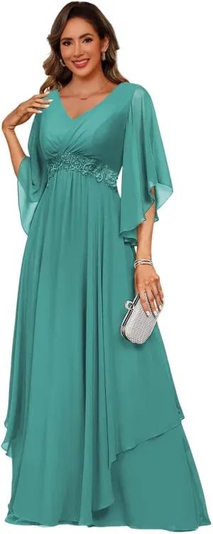 Women's 3/4 Sleeve Mother of The Bride Dresses 2025 Lace Applique Pleated Formal Party Dress DE233