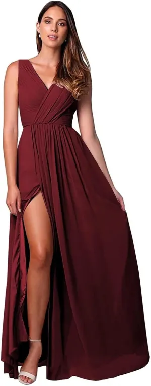 Womens A Line V Neck Bridesmaid Dresses, Pleated Long Chiffon Formal Evening Party Gown with Side Slit