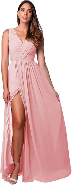 Womens A Line V Neck Bridesmaid Dresses, Pleated Long Chiffon Formal Evening Party Gown with Side Slit