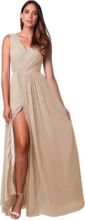 Womens A Line V Neck Bridesmaid Dresses, Pleated Long Chiffon Formal Evening Party Gown with Side Slit