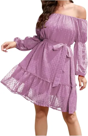 Womens Beach Mini Dress 2024 Long Puff Sleeve Smocked Ruffle Flowy Casual Dress Cute Off Shoulder Dress with Belt