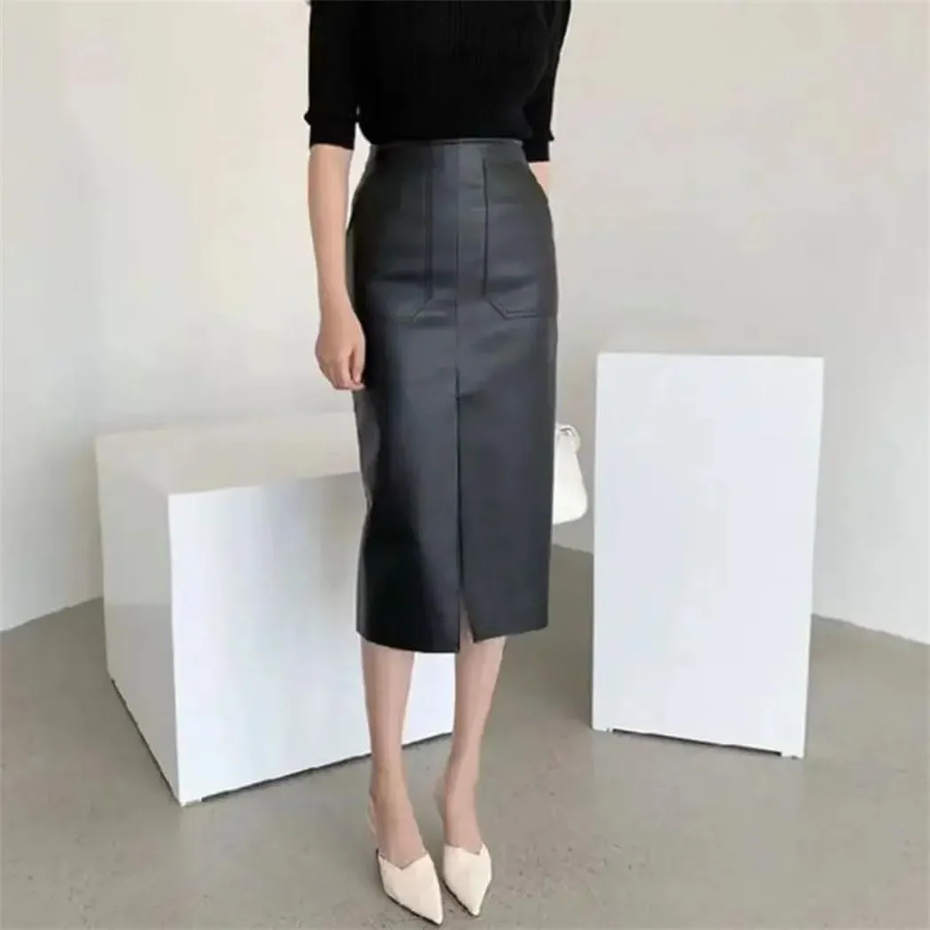 Women's Brown Matte Faux Leather Skirt Office Stretch Pencil Skirt Front Split Elegant High Waist Mid Skirt