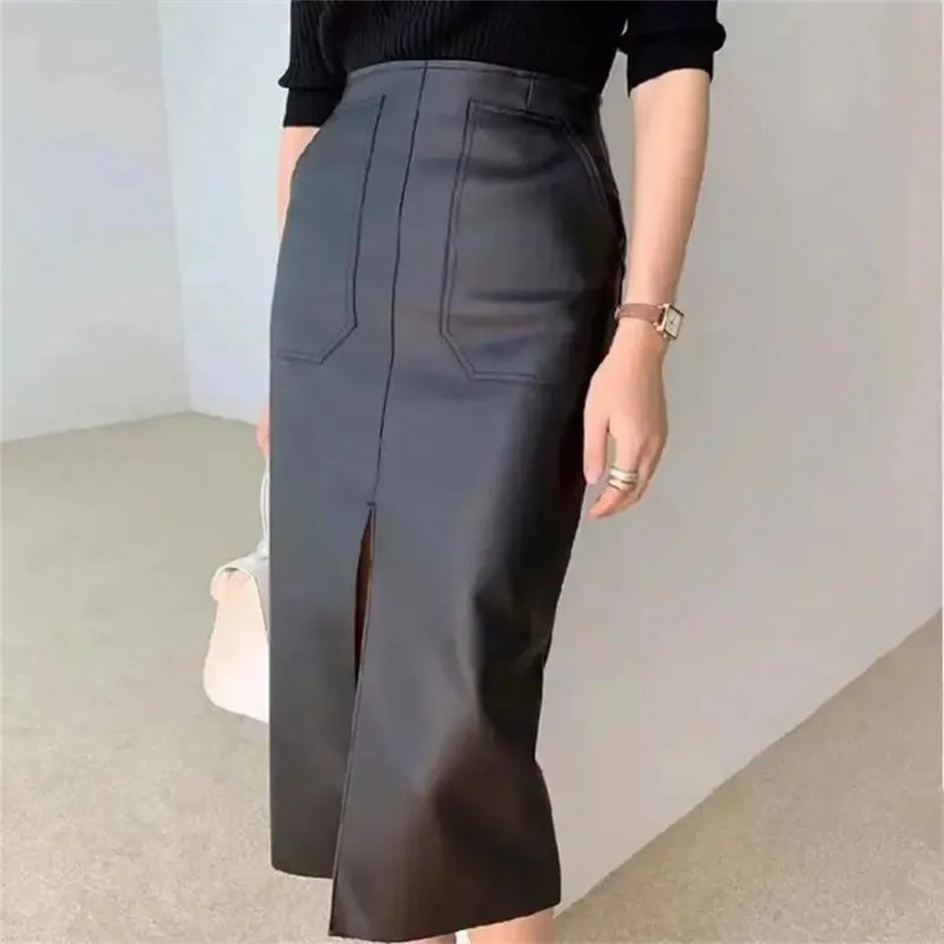 Women's Brown Matte Faux Leather Skirt Office Stretch Pencil Skirt Front Split Elegant High Waist Mid Skirt