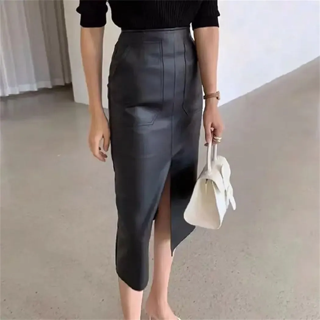 Women's Brown Matte Faux Leather Skirt Office Stretch Pencil Skirt Front Split Elegant High Waist Mid Skirt