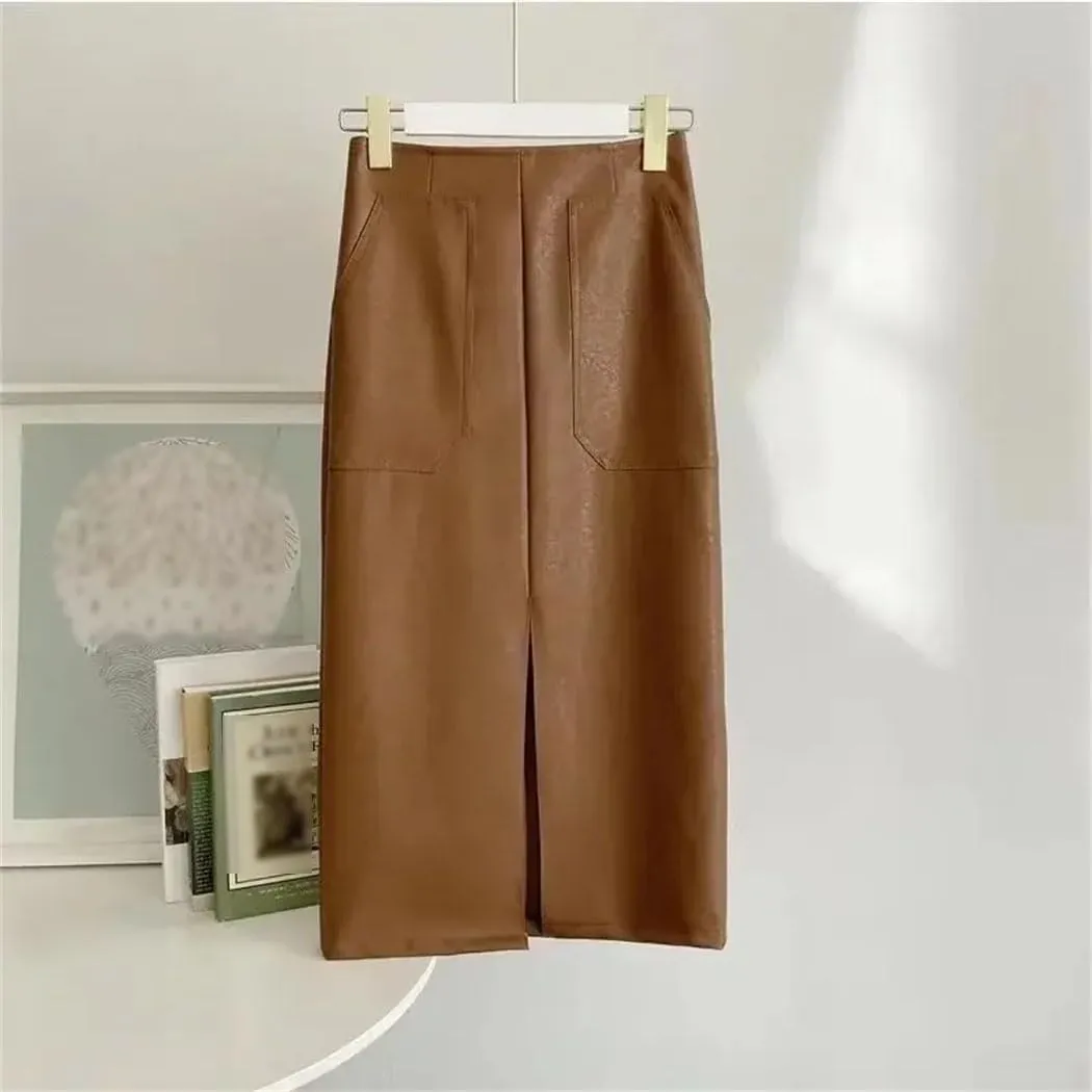 Women's Brown Matte Faux Leather Skirt Office Stretch Pencil Skirt Front Split Elegant High Waist Mid Skirt