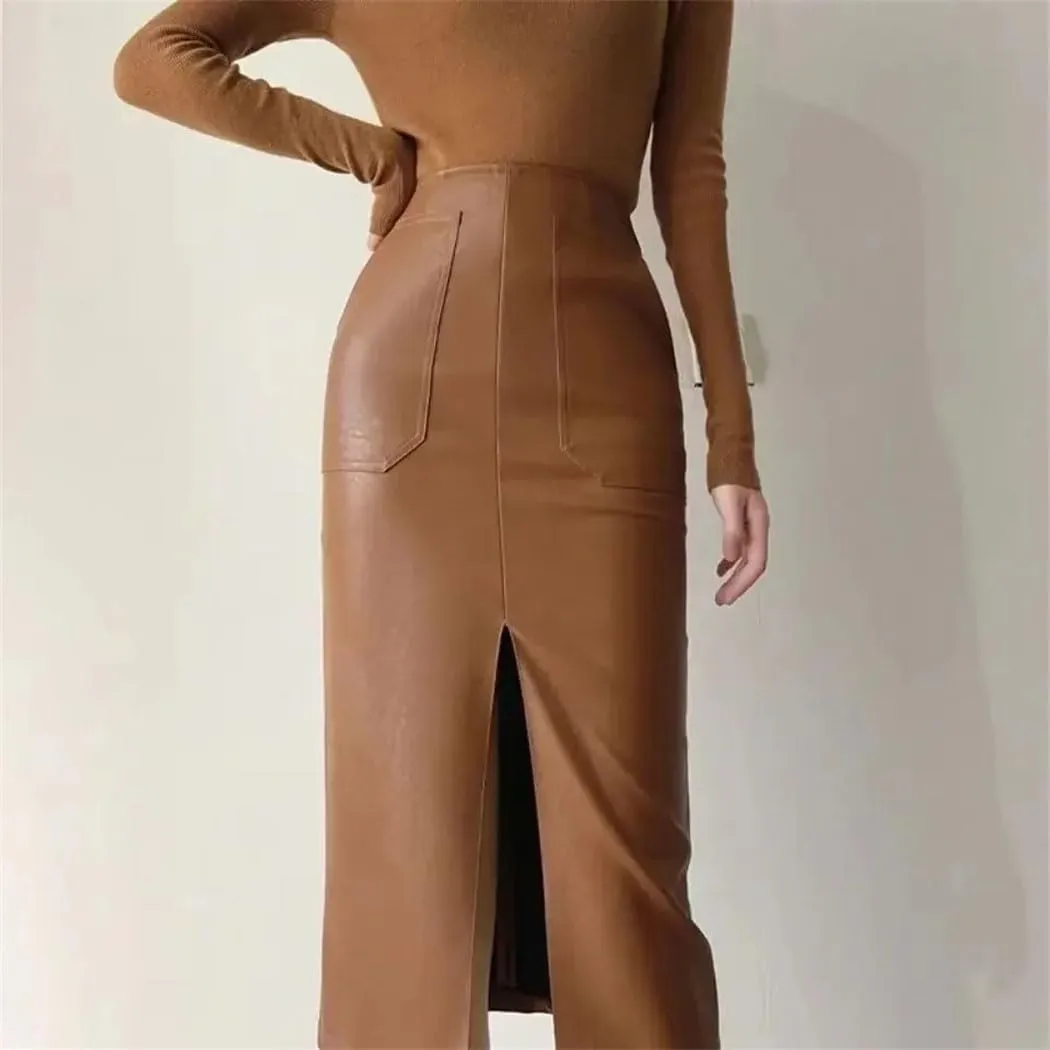 Women's Brown Matte Faux Leather Skirt Office Stretch Pencil Skirt Front Split Elegant High Waist Mid Skirt