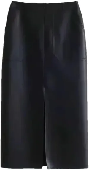Women's Brown Matte Faux Leather Skirt Office Stretch Pencil Skirt Front Split Elegant High Waist Mid Skirt