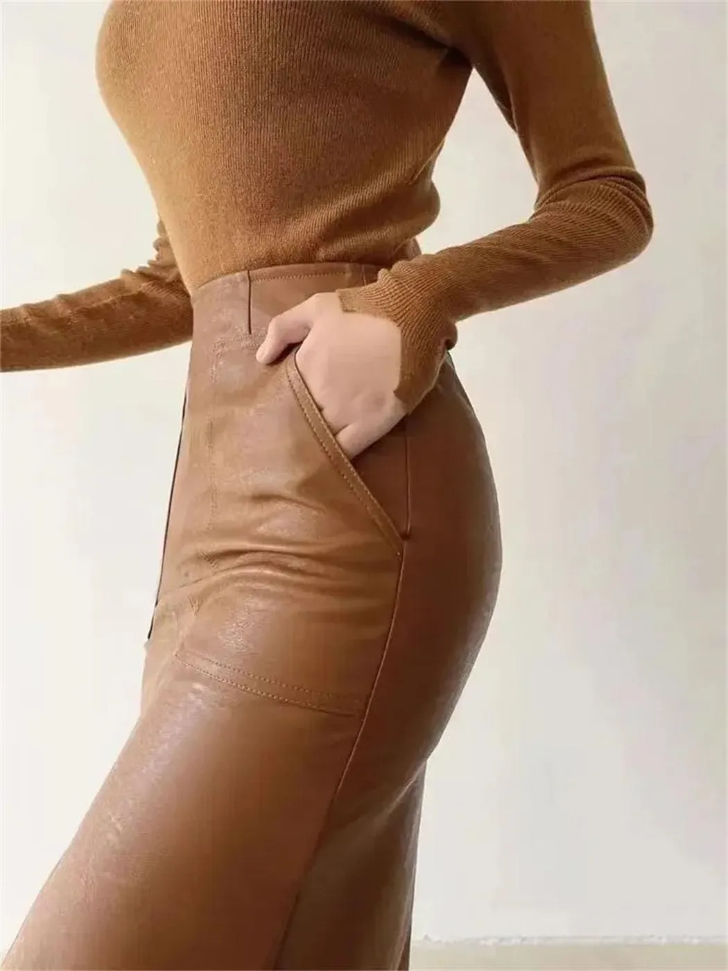 Women's Brown Matte Faux Leather Skirt Office Stretch Pencil Skirt Front Split Elegant High Waist Mid Skirt