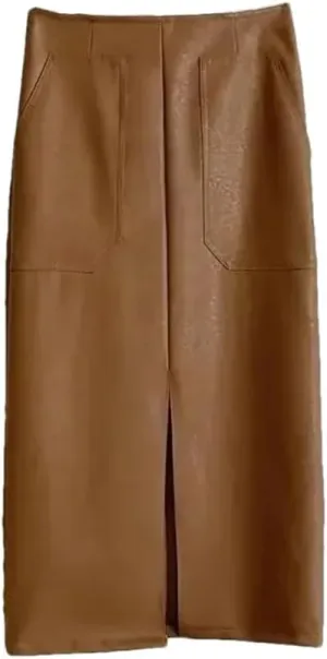 Women's Brown Matte Faux Leather Skirt Office Stretch Pencil Skirt Front Split Elegant High Waist Mid Skirt